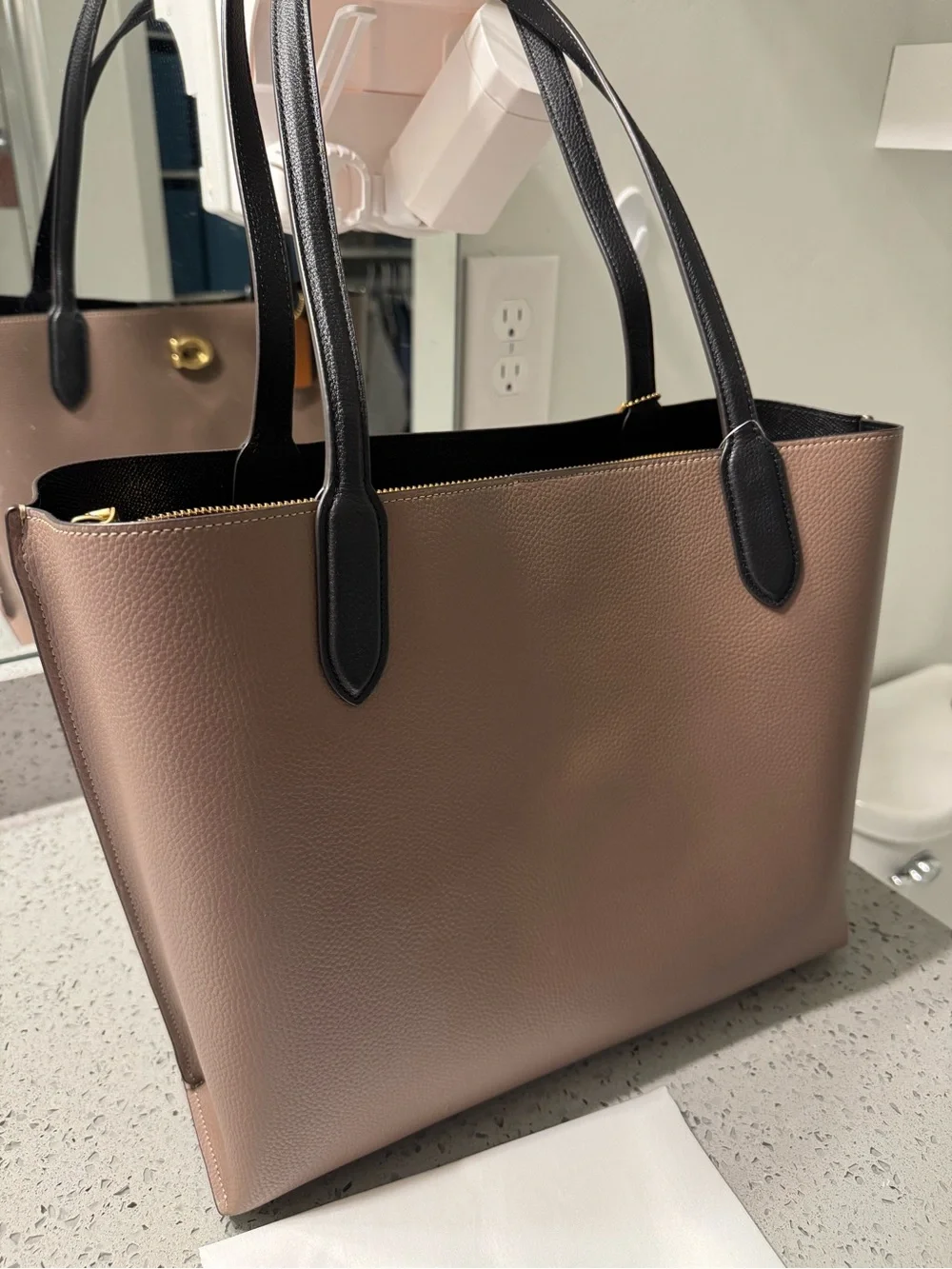 Coach Two-Tone Pebbled Leather Tote Bag in Taupe and Black - Picture 7 of 8